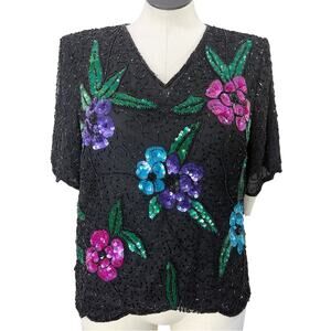 Stenay Size XL Silk Top Sequin Beaded Floral Tropical Cruise Resort Cocktail NOS